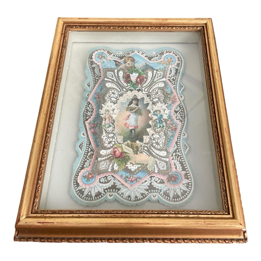 Vintage Decoupage Shadow Box Victorian Valentine Cupid with Fondest Love